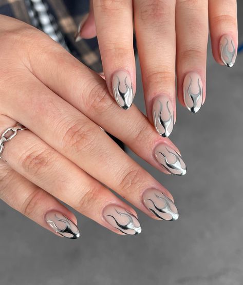 Flaming chrome tips 🔗❤️‍🔥⛓️ @cmp_beautysupplies gel polishes used: 🩶barely there - - - - - - #nails #nailart #chromenails #chrome #silver #silvernails #flamenails #longnails #beauty #salon #naildesign #nailinspo #cosmetics #salon #smallbusiness #perth #silverchrome Silver Chrome Flame Nails, Silver Flame Nails, Chrome Accent Nail, Silver Chrome Nails, Chrome Tips, Flame Nails, Chrome Design, Accent Nail, Chrome Silver