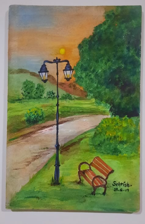 Park Scenery Drawing, Outside Background Drawing, Landscape Drawing Ideas Easy, Park Bench Painting, Park Painting Ideas, Scenery Painting Easy, Draw Nature, Park Painting, Abstract Art Projects