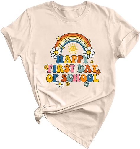 Teacher shirt for the first day of school. Retro rainbow and daisies. #backtoschool #firstdayofschool #teachershirt Back To School 2023, First Day Of School Teacher, Happy First Day Of School, First Day Of School Shirt, Kindergarten Teacher Shirts, Back To School Party, Shirt Business, 1st Day Of School, Woman Back