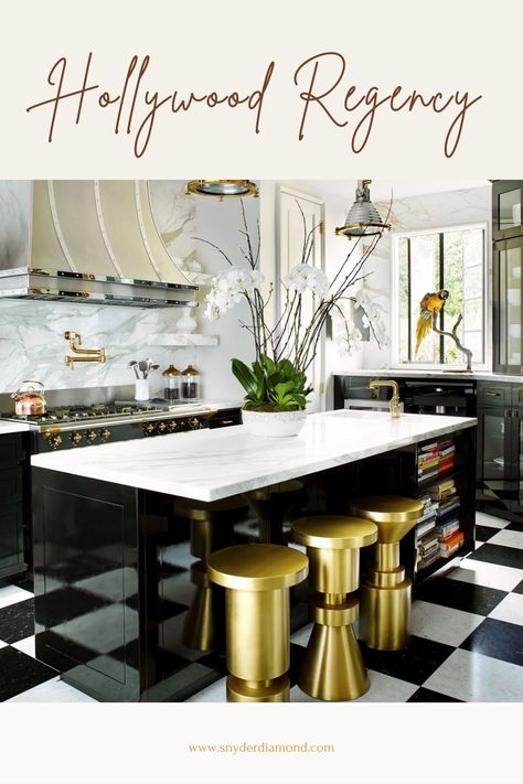 Design Inspiration: The Most Incredible Trendy Kitchen Styles We Love For 2021 • Contemporary kitchen style • Farmhouse kitchen style • Coastal kitchen style • Modern kitchen style • Scandinavian kitchen style • Hollywood Regency kitchen style • Shabby Chic kitchen style • Retro kitchen style • Industrial kitchen style • Art Deco kitchen style Hollywood Regency Decor Kitchen, Hollywood Glam Kitchen, Maximalism Kitchen, Hollywood Regency Kitchen, Diy Kitchen Decor Ideas, Hollywood Glam Interior Design, Interior Types, Hollywood Regency Interior Design, Decorations Drawing