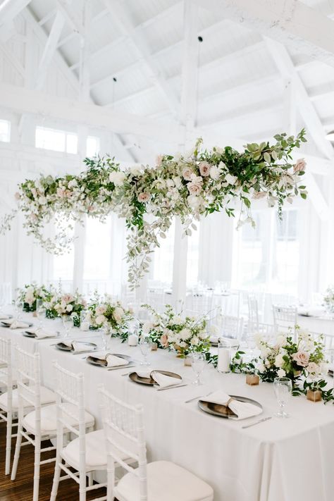 Julianna Hopper Weds Travis Hobbs | Floral Filled Neutral Wedding Simple Beautiful Wedding, Florist Decor, Spain Ranch, Hanging Flower Arrangements, Florist Ideas, Hanging Centerpiece, Centerpiece Inspiration, Flower Ceiling, Wedding Ceiling