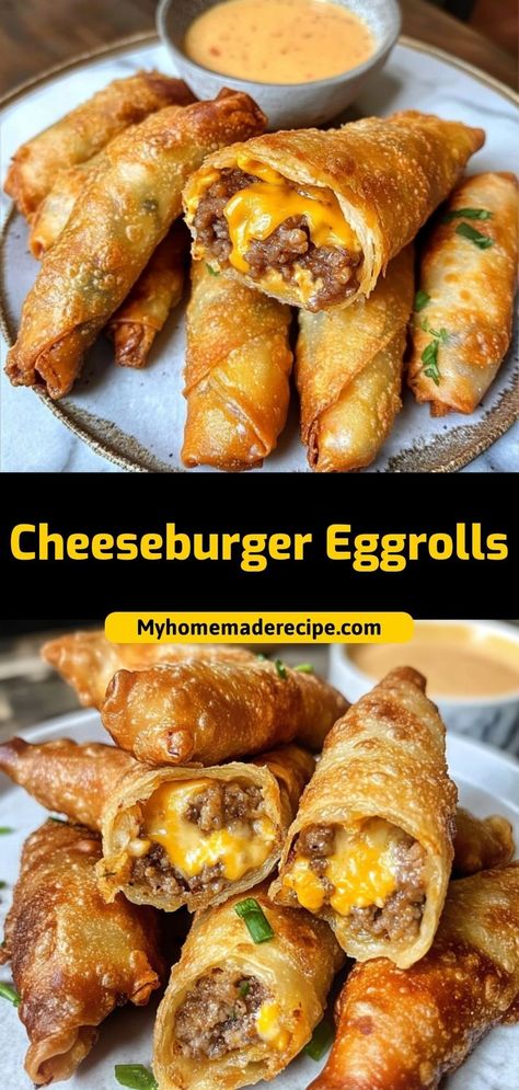 Crispy on the outside and loaded with savory cheeseburger filling, these Cheeseburger Eggrolls are a fun and delicious appetizer or snack. Ingredients: 1 lb ground beef 1 cup shredded cheddar cheese 12 egg roll wrappers 1/4 cup diced pickles A crispy, cheesy snack with all the flavors of a classic cheeseburger Eggroll Wrapper Recipes, Recipes Using Egg Roll Wrappers, Hamburger With Egg, Meaty Appetizers, Egg Roll Wraps, Egg Roll Filling, Cheesy Snack, Pickled Eggs, Shredded Cheddar Cheese