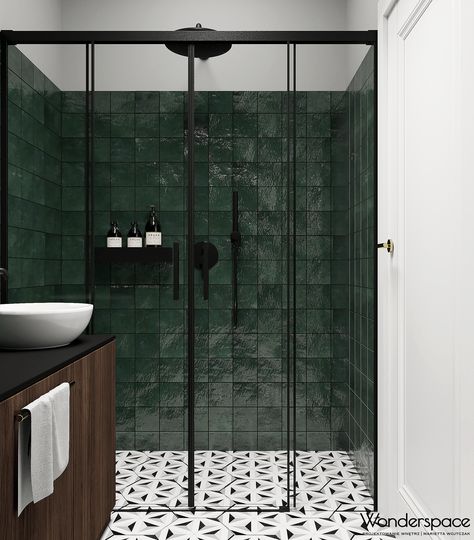 Dark Green Bathroom Tiles Master Bath, Jungle Green Bathroom, Bathroom Inspo Green, Dark Green Bathroom Tiles, Dark Green Shower Tile, Emerald Green Bathroom Tiles, Green Shower Room, Forest Green Bathroom Ideas, Green Shower Tile Bathroom