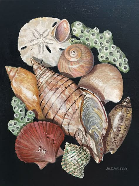 She Sells Seashells IV. Beach art. Original acrylic painting on canvas by JKCARTER. SOLD. Paintings Of Seashells, Seashell Painting Acrylic, Painting On Seashells, Shell Still Life, Painting Sea Shells, Paint Sea, Drawing Still Life, Painted Seashells, Vegetable Art