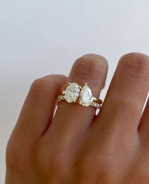 PEAR-fection✨ Pears look gorgeous on all finger types, it's defiantly one of the most versatile stone shapes!⁠ ⁠ ⁠ Ring Details:⁠ Aspen… | Instagram Hexagon Shape Engagement Ring, Oval And Pear Engagement Ring With Wedding Band, Pear Duet Engagement Ring, Wedding Rings Engagement Pear Shaped, Pear Engagement Ring 3 Carat, Oval Pear Engagement Ring, Pear And Oval Engagement Rings, Diamond Shaped Wedding Rings, Elaborate Engagement Rings