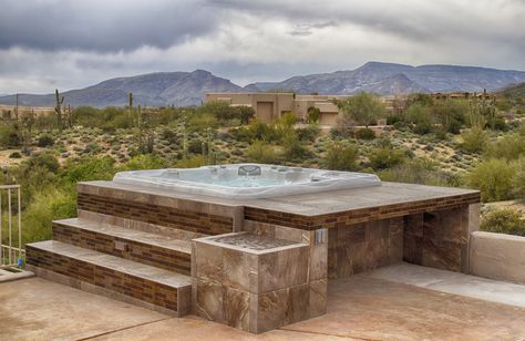 Backyard Kitchens, Hot Tub Bar, Spa Landscaping, Backyard Spa, Hot Tub Landscaping, Arizona Backyard, Hot Tub Surround, Tub Design, Hot Tub Patio