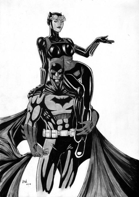 Batman and Catwoman by PH Gomes Catwoman Drawing, Black Catwoman, Batman Cat, Bruce And Selina, Catwoman Comic, Black Batman, Comic Face, Black And White Couples, Black And White Comics