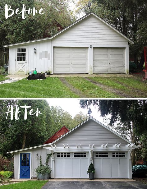 I'm not one to draw projects out. When I get set on doing something I like to focus on it like a laser and pound it out until it's finished... White Garage, Garage Pergola, House Makeovers, Garage Renovation, Garage Door Makeover, Garage Remodel, Garage Door Design, Home Exterior Makeover, Exterior Renovation