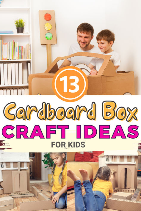 List of amazing cardboard box craft ideas for kids of all the ages. There are plenty of simple crafts and STEM activities to enjoy.  #cardboardboxcrafts #craftsforkids Big Cardboard Box Ideas For Kids, Cardboard Box Houses For Kids, Big Cardboard Box Ideas, Cardboard Box Crafts Easy, Crafts With Cardboard Boxes, Cardboard Box Ideas For Kids, Cardboard Box Crafts For Kids, Cardboard Crafts For Kids, Easy Cardboard Crafts