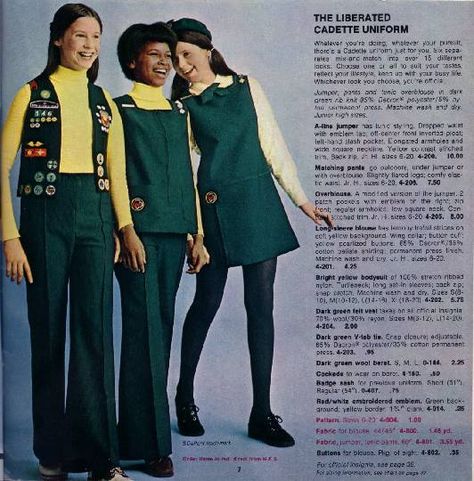 Cadettes, 1974 catalog (GSC-2) Girl Scout Costume, Girl Scouts History, Girl Scout Cadette, Camping Attire, 70s Boys, Boy Scout Uniform, Boy Scout Camping, Girl Scout Uniform, Girl Scouts Cadettes