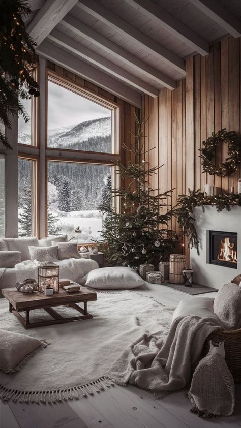 Modern Mountain Christmas Decor, Cosy Christmas Aesthetic, Christmas Chalet, Cozy Christmas Cabin, Cosy Homes, Estilo Farmhouse, Cabin Christmas Decor, Frame Cabins, Interior Decoration Ideas