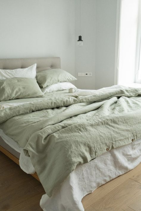 Green Bed Sheets, Sage Green Bedroom, Green Duvet, Green Duvet Covers, Linen Duvet Cover, Green Bedroom, Redecorate Bedroom, Bed Linen Sets, White Room