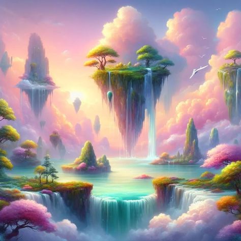 A beautiful dream land . . a painting of a waterfall in the sky, dream scenery art, fantasy art landscape, fantasy landscape painting, beautiful fantasy painting, fantasy matte painting，cute, epic dreamlike fantasy landscape, whimsical fantasy landscape art, mystical fantasy landscape, impressive fantasy landscape, atmospheric dreamscape painting, clouds. fantasy, symmetrical fantasy landscape, very beautiful fantasy art, fantasy landscape, dreamy matte painting . . . . . . #nature #nat... Dreamscape Painting, Fantasy Art Landscape, Fantasy Landscape Painting, Dream Scenery, Art Fantasy Landscape, Fantasy Landscape Art, Art Mystical, Painting Clouds, Scenery Art