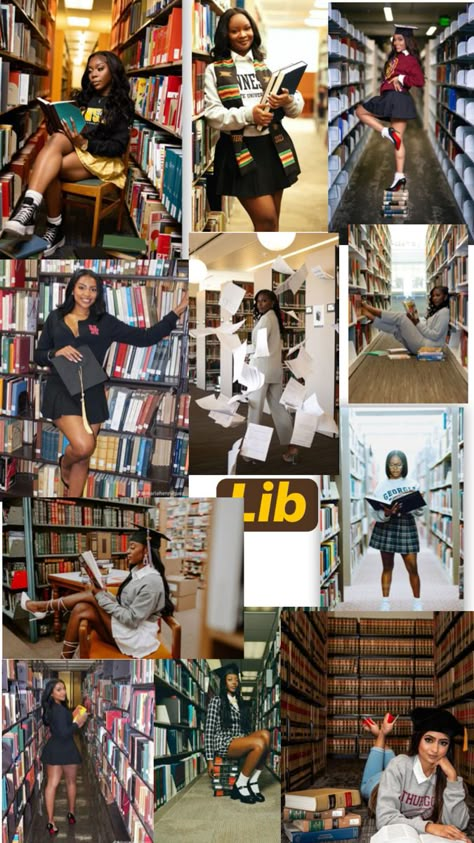 Graduation Collage Ideas, Classroom Photoshoot, Photoshoot Ideas Business, Library Pics, College Decision Day, Grad Shoot Ideas, Library Shoot, Library Photoshoot, Library Photo Shoot