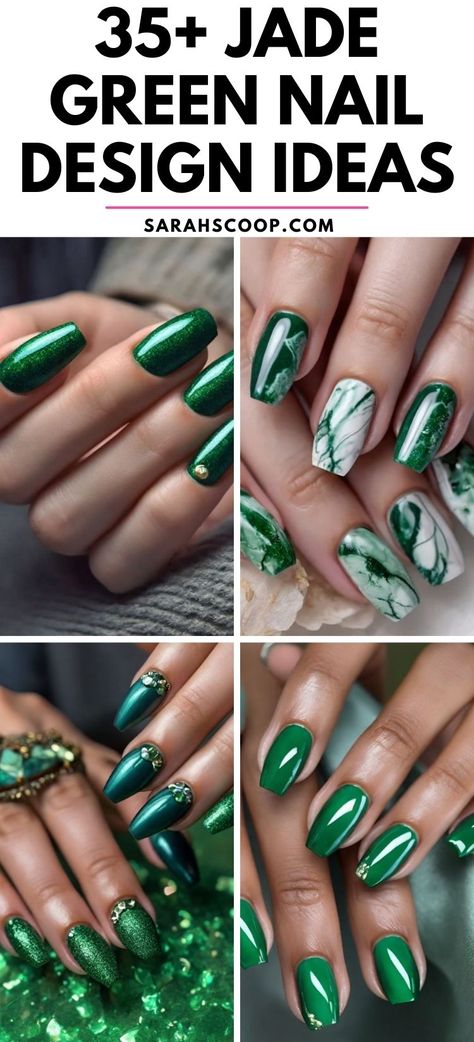 Explore Ultimate Jade Nail Designs for an Enchanting Look! 💚💅 #nailinspo #jadegreen Green Pearlescent Nails, Kelly Green Nail Ideas, Jade Green Nail Designs, Green Glitter Nail Designs, Jade Nails With Gold, Gold And Green Nail Designs, Emerald Marble Nails, Green Marble Nail Designs, Jade Nails Designs