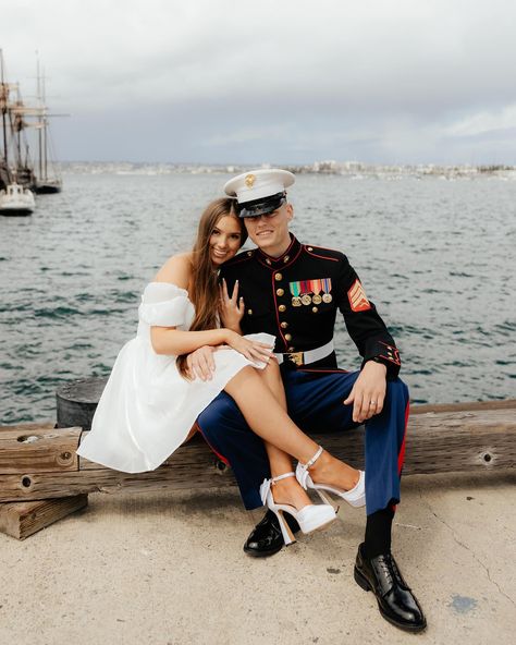 my favorite part about photographing this sweet elopement was watching tourists at the harbor take pictures of Chloe & Caedon because it felt like they were witnessing a scene out of the movie Purple Hearts in real life! I mean, the dress blues, her dress, are you kidding?! A classic San Diego military love story 🇺🇸🥹🫶🏼 • • #militarycouple #campendletonphotographer #homecomingphotographer #sandiegomilitary #socalweddingphotographer #socalengagement #socalwedding #socalproposal #socalcouplesp... Military Wedding Photos, Egypt Army, Marine Boyfriend, Usmc Wedding, Marine Corps Wedding, Military Engagement Photos, Marine Photography, Military Guys, Marine Girlfriend