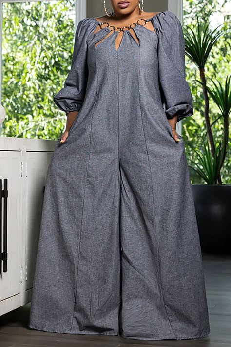 Plus Size Daily Jumpsuit Deep Grey Tencel Denim Metal Rings Long Sleeves Wide Leg Jumpsuit ( Without Belt ) Boubou Jumpsuit, Chic Plus Size Outfits, Plus Size Sequin Dress, Blue Formal Dresses, Black Maxi Dresses, Sparkly Dresses, Tencel Denim, Maxi Dress Collection, Denim Wide Leg