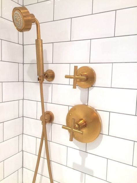 Gold Bathroom Fixtures, Brass Bathroom Fixtures, Erin Gates Design, Dark Grout, Gray Cabinet, Master Suite Addition, Color Bathroom, Kohler Purist, Making Lemonade