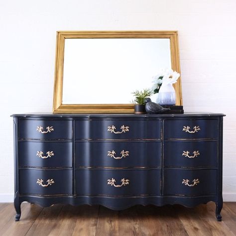 Midnight Blue Dresser Makeover Fusion Midnight Blue, Blue Dresser Makeover, Fusion Paint Colors, Best Paint For Wood, Best Paint Sprayer, Blue Painted Furniture, General Finishes Milk Paint, Laminate Furniture, Blue Dresser