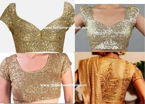 Gold blouses will suit on any sarees . Here are the beautiful saree blouse patterns in gold colour. In Gold blouse patterns we see lot of varieties in cloth. Couple of them are in gold shimmer,sequence and so on. Here are the listed gold blouse patterns for sarees. Golden Blouse Designs Pattern Gold, Golden Colour Blouse Design, Gold Colour Blouse Designs, Sequence Blouse Design, Gold Blouses, Golden Blouse Designs, Golden Blouse, Chikankari Saree, Shimmer Blouse