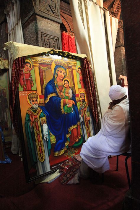 Biete Maryam Church Traditional Ethiopian Church Art Ethiopian Coptic Priest Mary and Jesus Painting Rock-Hewn Church Interior UNESCO World Heritage Site Lalibela Ethiopia Africa | Flickr - Photo Sharing! Ethiopian Church, Lalibela Ethiopia, Saint George And The Dragon, Church Aesthetic, Church Pictures, Orthodox Christian Icons, Jesus And Mary Pictures, Church Interior, Christian Pictures