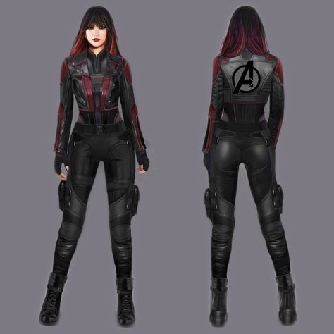 Warrior Suit Female, Avengers Suit Ideas Female, Red And Black Superhero Suit, Avengers Oc Outfits, Supersuits Female, Avengers Suit Ideas, Black Superhero Suit Female, Villian Suits, Superhero Costumes Female