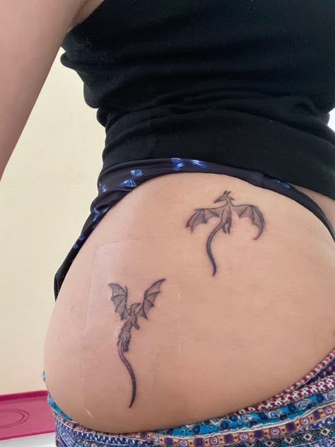 Eat Me Tattoo On Hip, Dragon Tattoo On Hip, Dragon Tattoo On Side, Buttcheek Tattoo Women, Tight Tattoos, Dragon Hip Tattoo, Tattoos Under Buttcheeks, Theigh Tattoos, Dragon Tattoo Hip