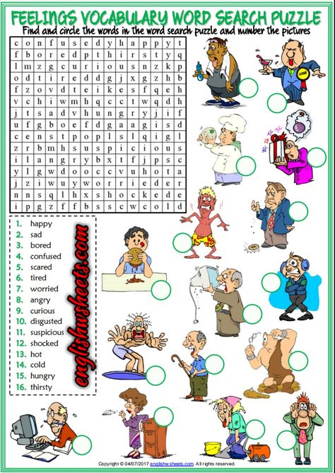 Feelings ESL Printable Word Search Puzzle Worksheet Printable Crossword Puzzles, Word Search Puzzles Printables, Puzzle Worksheet, Health Words, Esl Vocabulary, Word Search Printables, Kids Worksheets, Jigsaw Puzzles For Kids, Learning Cards