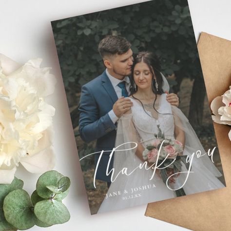 Simple Script Modern Wedding Photo Thank You Card Wedding Photo Collage, Anniversary Greeting Cards, Photo Thank You Cards, Personalized Thank You Cards, Cake Card, Thank You Note Cards, Heart Wedding, Love Is In The Air, Wedding Thank You Cards