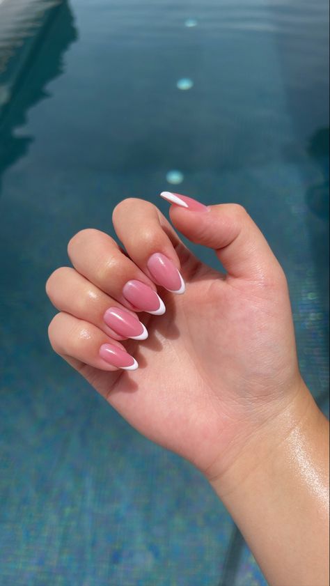 Milky Pink Nails With French Tip, Almond French Tip Nails Pink Base, Dark Pink French Nails, French Tip Nails Pink Base, French Tips Pink Base, French Manicure Pink Base, French Nails Pink Base, French Nails With Pink Base, French Tips With Pink Base