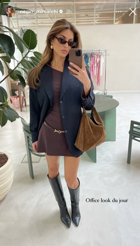 Negin Mirsalehi Hair, Dress Knee High Boots, Monica Vitti, Knee High Boots Dress, Style Development, Negin Mirsalehi, Heels Outfits, Fall Mood, Zipper Dress