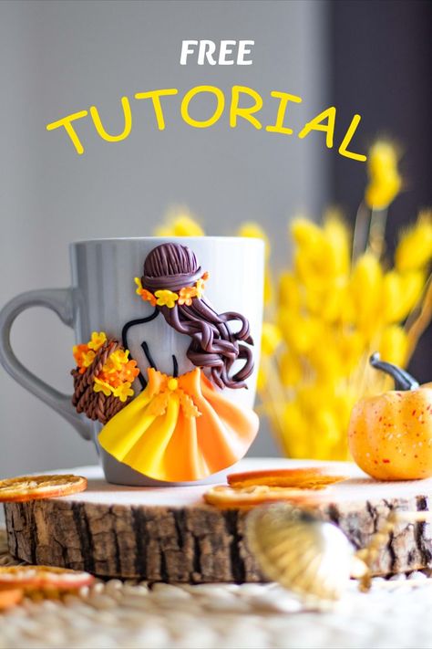 In this tutorial I will show you how to make this exotic autumn girl mug with polymer clay. how to make polymer clay mug polymer clay mug ideas polymer clay mug designs Clay Mug Designs, Clay Mug Ideas, Mug Polymer Clay, Clay Autumn, Polymer Clay Mug, Mug Ideas, Coffee Cups Diy, Clay Mug, Clay Jar