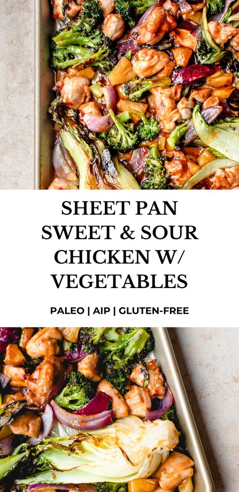 This Sheet Pan AIP/Paleo Sweet and Sour Chicken and Vegetables is an easy one-pan meal. #healmedelicious #aip #paleo #aiprecipes #paleorecipes #aipdiet #autoimmunepaleo #aipprotocol #glutenfree #glutenfreerecipes #sheetpandinners #onepanmeals #sweetandsourchicken #chickenandvegetables #sweetandsourchickenandvegetables #top8free #allergyfriendly #sweetandsoursauce #sheetpanmeal #healthydinner #chickendinner #easymeals #quickmeals #maindishrecipes #easyhealthymeals Sheet Pan Paleo, Thyroid Healthy Foods, Chicken And Vegetable Bake, Aip Paleo Recipes, Easy Sheet Pan Dinners, Paleo Chicken Recipes, Sweet And Sour Chicken, Sweet Sour Chicken, Aip Diet