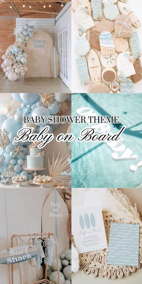 The "Baby on Board" surfing theme is a wave of fun, bringing beachy vibes and playful energy to the baby shower! It’s all about riding the tide of excitement and celebrating the little one with a splash of surf-inspired joy. Surf Party Theme, Ocean Baby Announcement, Baby On Board Surf Theme, Beach Babe Baby Shower Theme, Surfer Boy Baby Shower Ideas, Boho Beach Baby Shower Ideas, Sea Life Baby Shower Ideas, Beachy Baby Shower Ideas, Beach Themed Baby Shower Ideas