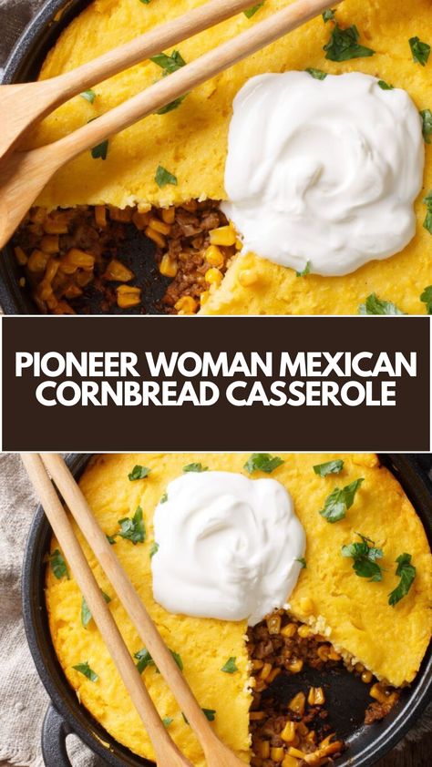 Pioneer Woman’s Mexican Cornbread Casserole is made with seasoned ground beef, diced tomatoes, whole kernel corn, taco seasoning, egg, buttermilk cornmeal mix, milk, vegetable oil, and shredded cheddar cheese and takes 55 minutes to prepare! Pioneer Woman Mexican Cornbread, Cornbread Mexican Casserole, Pioneer Woman Cornbread, Ground Beef Diced Tomatoes, Taco Cornbread, Mexican Cornbread Casserole, Cornmeal Recipes, Corn Taco, Mexican Cornbread