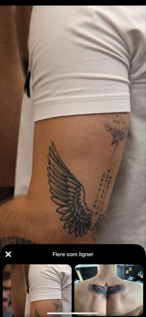 Wing Tattoo Upper Arm, Bird Wings Tattoo Men, Wings On Tricep Tattoo, Wings Tricep Tattoo, Writing Tattoos For Men Arm, Above Elbow Tattoo Men, Wings On Arm Tattoo, Mens Tricep Tattoos, Triceps Tattoo Men