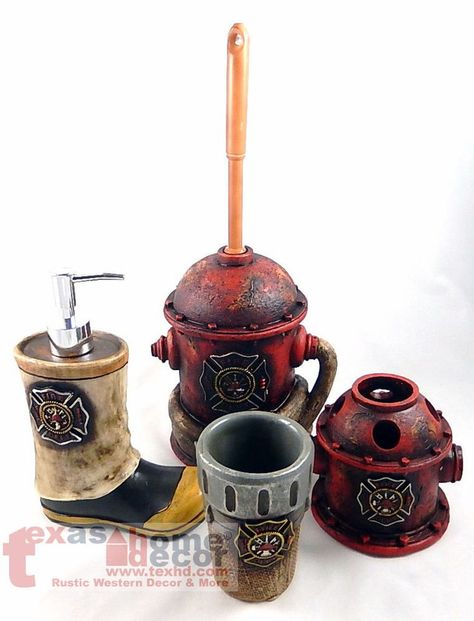 Fireman Bathroom Accessory Set 4 Pieces Maltese Cross Fire Hydrant Boot Hose NEW | Bathroom accessories sets, Maltese cross and Firemen Fireman Room, Firefighter Bedroom, Firefighter Room, Fireman Decor, Fire Dept Logo, Firefighter Life, Cross Fire, Firefighter Home Decor, Firefighter Family