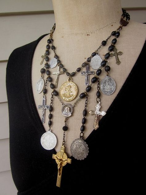 Rosary Jewelry, Birthday Necklace Gift, Saint Jewelry, Repurposed Jewelry, Rosary Necklace, Assemblage Jewelry, Recycled Jewelry, Fitness Bracelet, Rosary Beads