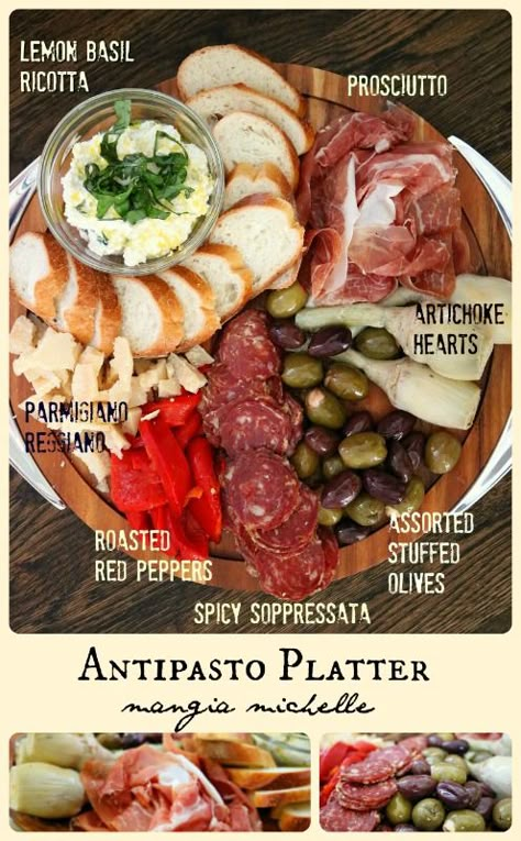 Holiday Antipasto Platter - Use delicious, fresh and store bought ingredients to make an impressive antipasto platter to bring to your next holiday party ~ www.mangiamichelle.com Platter Ideas Party, Cheese Platter Ideas, Platter Ideas, Antipasto Platter, Charcuterie And Cheese Board, Cheese Platter, Cheese Platters, Tapenade, Ideas Party