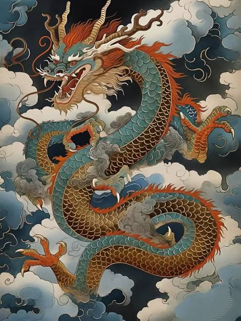 Traditional Chinese Dragon Art, Chinese Dragon Painting, Buddhist Dragon, Chinese Traditional Dragon, Flying Phoenix Tattoo, Dragons Chinese, Traditional Japanese Dragon, Chinese Dragon Drawing, Tibetan Dragon