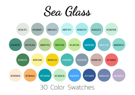 Nautical Color Palette Colour Schemes, Cornflower Blue Color Palette, Sea Glass Color Palette, Procreate Palettes, Swatches Color, Hexadecimal Color, Rainbow Sherbet, Hex Color Palette, Sea Glass Colors