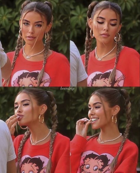 Madison Beer Pigtails, Hairstyles With Hoop Earrings, Pigtails Hairstyles Braids, Madison Beer Hair Styles, High Pigtail Braids, Madison Beer Ponytail, Hairstyles With Visors For Work, High Pigtails Hairstyles, Madison Beer Hairstyles