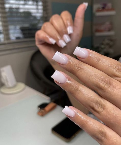 Short Plane Acrylic Nails, Milk White Short Nails, Short White Pink Nails, Bank Teller Nails, Basic Short Acrylic Nails, Short Basic Nails, Polygel Nails Design, Acrylic Overlay Nails, Overlay Nails