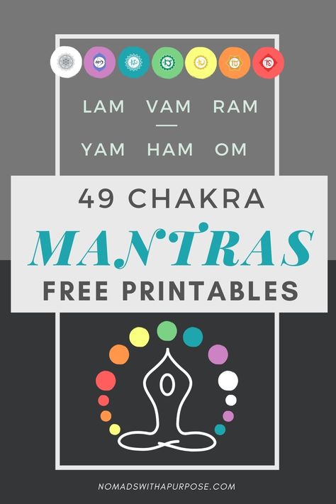 Use these 49 mantras to unblock your Chakras, plus, download our free printables. #chakra #mantras #freeprintables Free Chakra Printables, Free Reiki Printables, Chakra Chart Free Printable, Chakra Learning, Yoga Theory, Chakra Mantras, Aligning Chakras, Chakra Meditation Guided, Chakra Guide