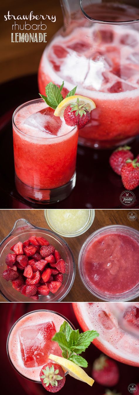 This perfectly sweet and equally tart fresh squeezed Strawberry Rhubarb Lemonade is the ultimate kid friendly summer drink and will quench any thirst. Rhubarb Drinks, Strawberry Rhubarb Lemonade, Rhubarb Lemonade, Healthy Lemonade, Strawberry Shake, Rhubarb Recipes, Lemonade Recipes, Strawberry Rhubarb, Mocktail Recipe