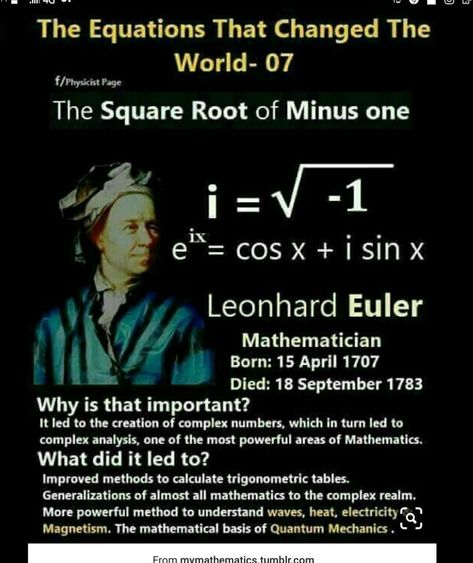 Leonhard Euler, Physics Formulas, Complex Numbers, Learning Mathematics, Theoretical Physics, Math Poster, Physics And Mathematics, Math Formulas, Studying Math