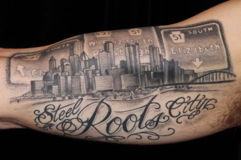 Pittsburgh tattoo by Phill Bartell. Pittsburgh Tattoo Ideas, Military Sleeve Tattoo, Pittsburgh Tattoo, Skyline Tattoo, Painless Tattoo, Tattoos Pictures, Pittsburgh Skyline, Gangsta Tattoos, Pittsburgh City