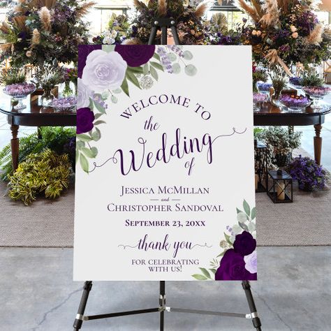 $43.20 | Plum Purple & Lavender Roses Boho Wedding Welcome #wedding welcome sign, thank you for celebrating, elegant script calligraphy, names of couple and date, stylish classy and sophisticated, rustic boho chic floral, eucalyptus leaves and foliage, garden botanical, purple watercolor roses, plum and lavender flowers Plum Color Scheme, Plum Wedding Invitations, Plum Wedding, Church Wedding Decorations, Script Calligraphy, Wedding Posters, Eucalyptus Wedding, Wedding 2024, Purple Watercolor