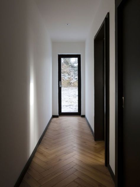 Black Floor Interior Design, Scullion Architects, Black Skirting, Irish Seaside, Black And White Door, Black Interior Doors, Corridor Design, Doors Interior Modern, Hallway Designs