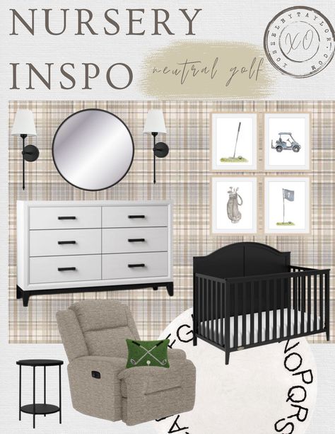 Neutral modern nursery decor mood board with plaid wallpaper and golf prints! #nursery #babyboy Golf Themed Nursery Ideas, Baby Boy Nursery Golf Theme, Vintage Golf Nursery Baby Boy, Vintage Golf Nursery, Golf Nursery Baby Boy, Neutral Modern Nursery, Golf Nursery, Decor Mood Board, Nursery Design Board